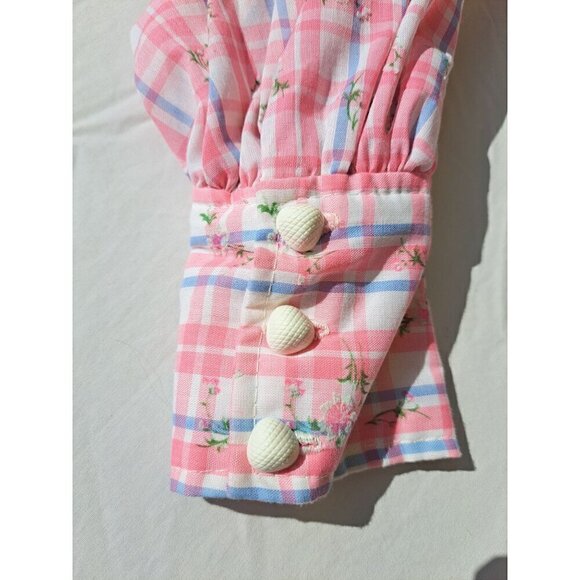 Vintage 70's Pink Plaid Button-Up Blouse Floral Print Puff Sleeves Handmade - Picture 7 of 11